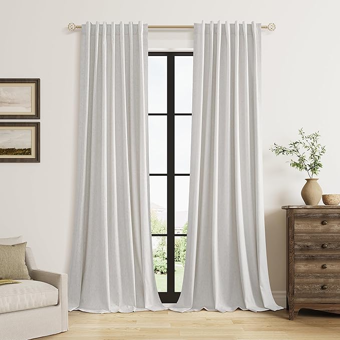 Guken Natural Linen 100% Blackout Curtains 96 Inches Long Floor to Ceiling Drapes for Living Room, Rustic Farmhouse Room Darkening Winter Thermal Insulated Black Out Sliding Barn Door Curtain, 52x96