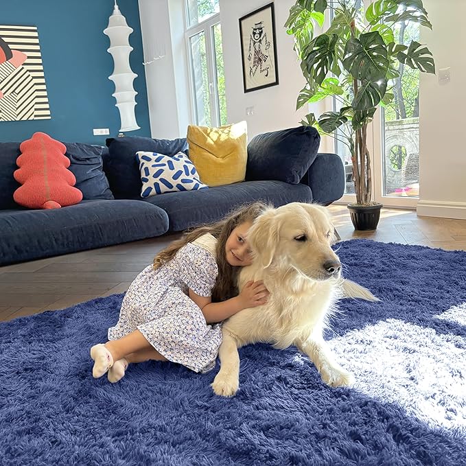 OLANLY 2x8 Machine Washable Runner Rugs for Hallway, Soft Fluffy Shaggy Bedside Rugs for Bedroom, Living Room, Indoor Floor Carpet for Kids Girls and Boys, Home Decor Aesthetic, Denim Blue