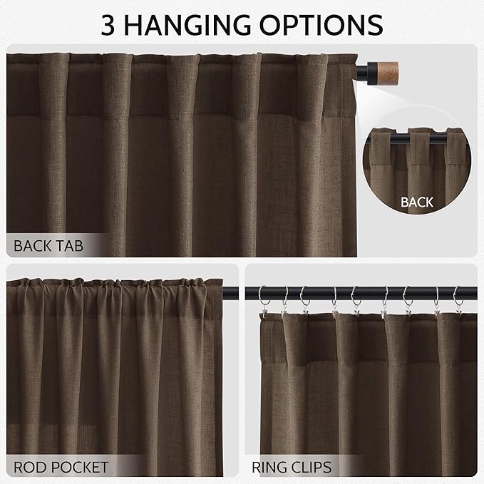 Extra Long Curtain Chocolate Morden Linen Blend Light Filtering Back Tab Curtains for Long Winodws 120 Inches Length, Semi Sheer Privacy Drapes for Living Room,52x120 inch, 2 Panels