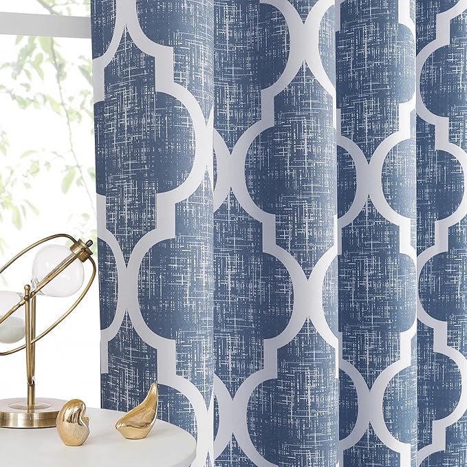 Beauoop 100% Blackout Curtains 63 Inches Long 2 Panels for Bedroom Living Room Blue Moroccan Geo Room Darkening Thermal Insulated Soundproof Rod Pocket Back Tab Window Treatments Drapes, 50x63