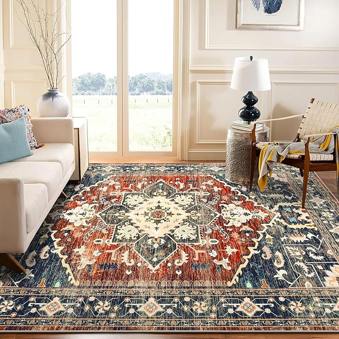 Yamaziot Area Rug 5x7, Non-Slip Washable Boho Vintage Living Room Bedroom Rug with Rubber Backing, Low Pile Faux Wool Soft Distressed Rug Floor Carpet for Living Room, Bedroom, Brick Red