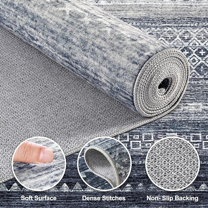 Nakagishi Area Rug 6x9 Living Room: Washable Boho Large Neutral Soft Modern Rugs Stain Resistant Moroccan Indoor Non-Slip Accent Carpet for Bedroom Nursery Kids Playroom Office Dining Room Dorm- Blue