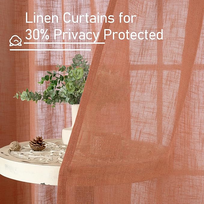 LAMIT Terracotta Linen Semi Sheer Curtains 45 Inch for Bedroom, Light Filtering Neutral Window Curtains Farmhouse Boho Back Tab and Rod Pocket Fall Decor Panels, 2 Panels, 52 x 45 Inch