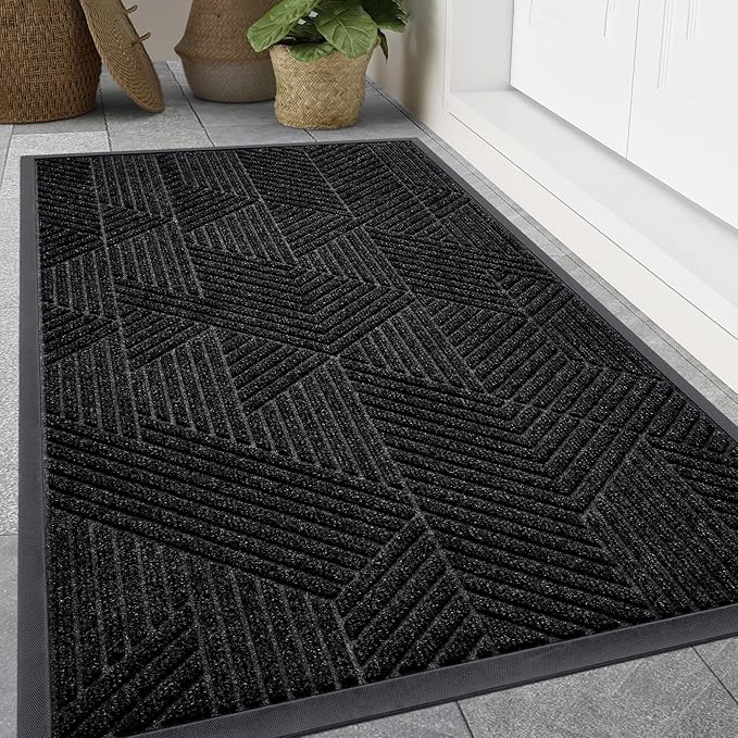 Smiry Front Door Mat Outside Entrance, Heavy Duty Sturdy Natural Rubber Doormat, Trap Dirt and Moisture, Easy Clean Low Profile Mats for Indoor Outdoor Entry, Irregular Triangle (71x47, Black)