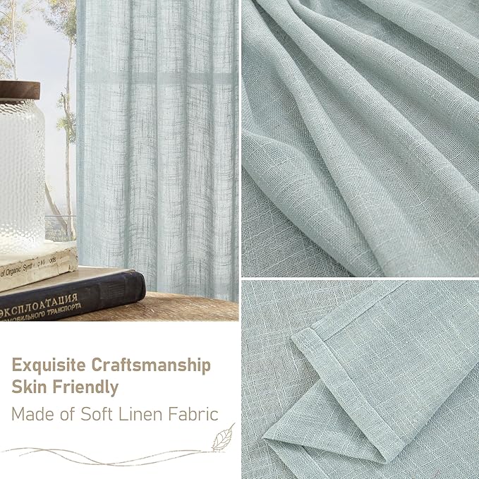 LAMIT Extra Wide Linen Curtains for Bedroom, Light Filtering Faux Linen Textured Panels Semi Sheer Back Tab and Rod Pocket Boho Drapes for Living Room/Farmhouse, 2 Panels, Greyish Blue, 60 x 84 Inch