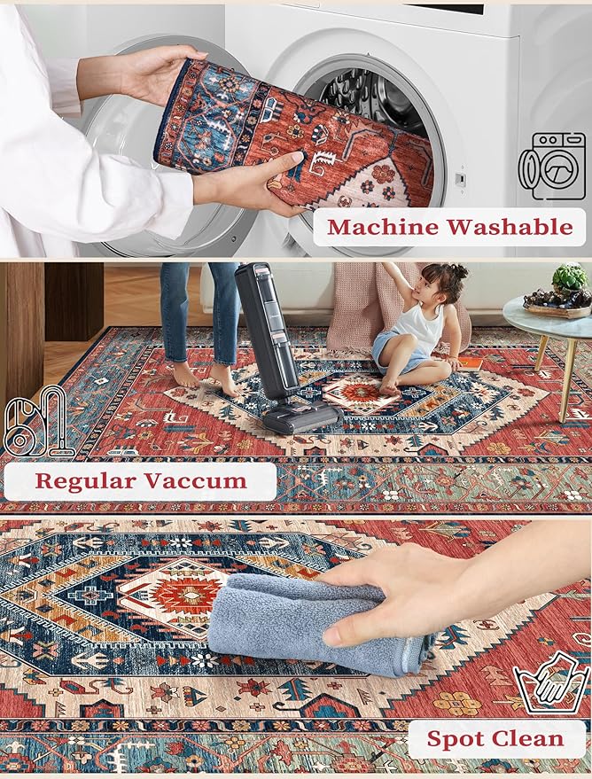 SERISSA Runner Rug for Hallways, 3x12 Washable Non Slip Kitchen Runner Rug, Extra Long Boho Rug Ultra Soft Vintage Rust Print Floor Carpet for Bedroom Hallway Entryway Bathroom Laundry Room