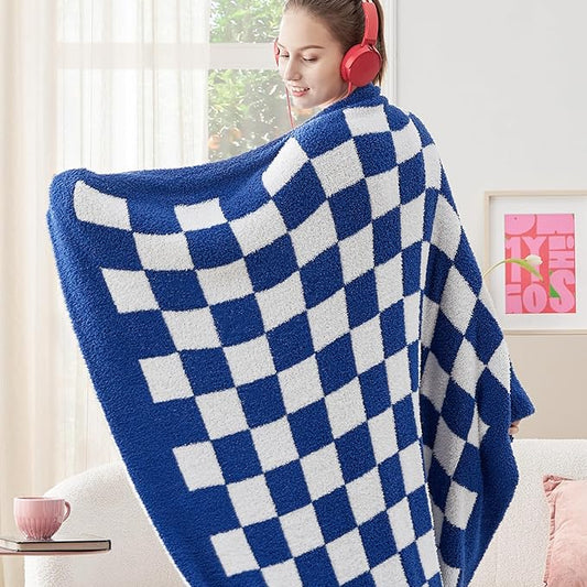 Bedsure Gentlesoft Checkered Twin Blanket for Couch - Soft Cozy & Warm Knit Navy Blue Throw Blanket, Breathable, Lightweight & Fluffy Plaid Blankets for Bed & Sofa, Gifts for Women Men, 60x80 Inches