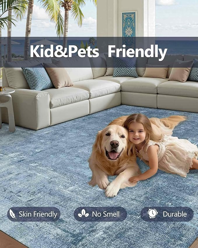 Latte&Fog 8x10 Area Rugs for Living Room, Large Blue Modern Abstract Washable Rug, Boho Non Slip Low Pile Carpet for Indoor Bedroom Dining Room, Office, Dorm, Classroom, Farmhouse and Kids Room - Blue