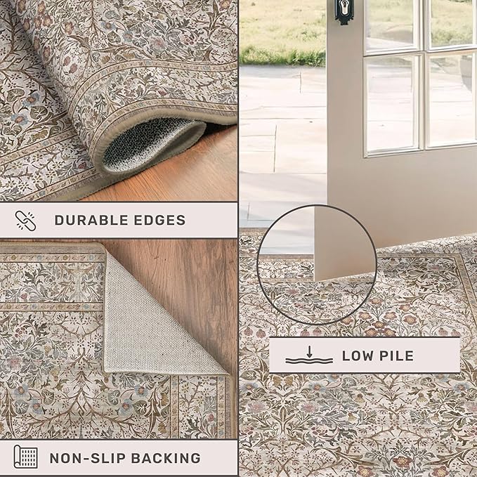 Washable 9x12 Living Room Rug - Moss Brown Floral Area Rug for Dining Room Under Table, Low Pile Non-Slip Floor Carpet for Bedroom Under Bed - Vintage Taupe Olive Design & Stain Resistance