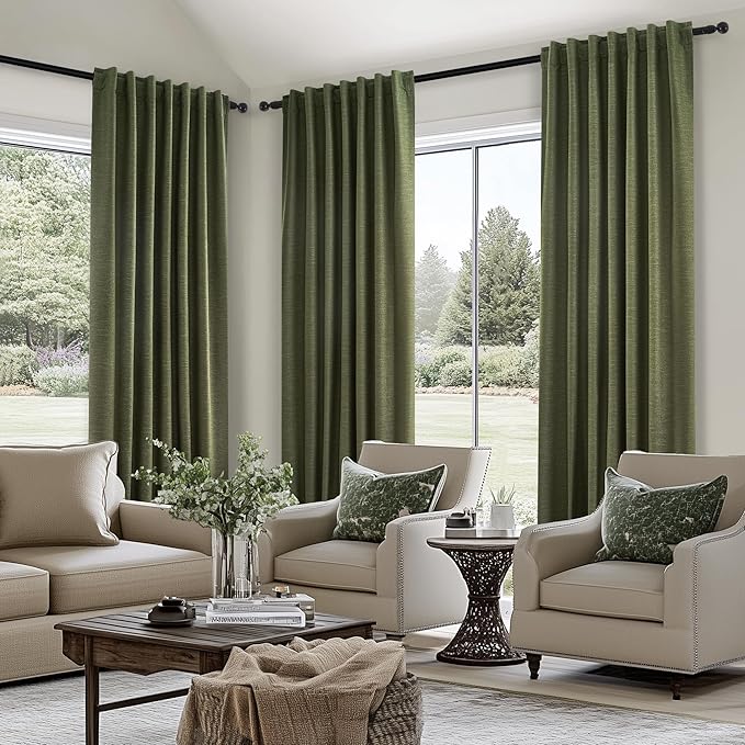 Topfinel 94 Inches Long Flax Custom Blackout Linen Curtains, Viral Pinch Pleated Noise Cancelling Curtains with Pin Hooks for Traverse, Olive Green Burlap Viral Drapes 2 Panels for Living Room