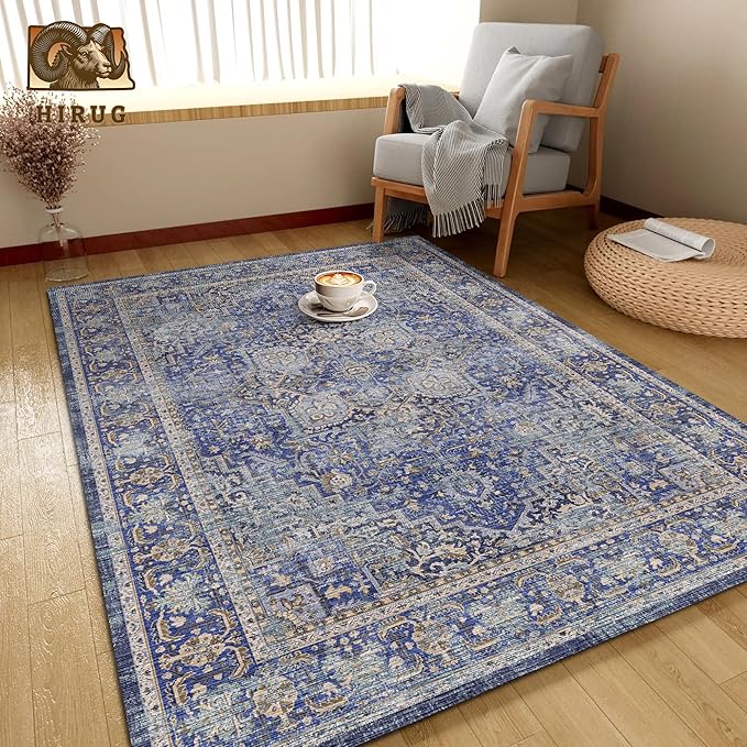 Washable Area Rug 4' x 6' Vintage Traditional Persian Mat - Foldable Distressed Non-Slip Machine Washable Carpet for Living Room Bedroom Kitchen Home Decor - Indigo and Gold