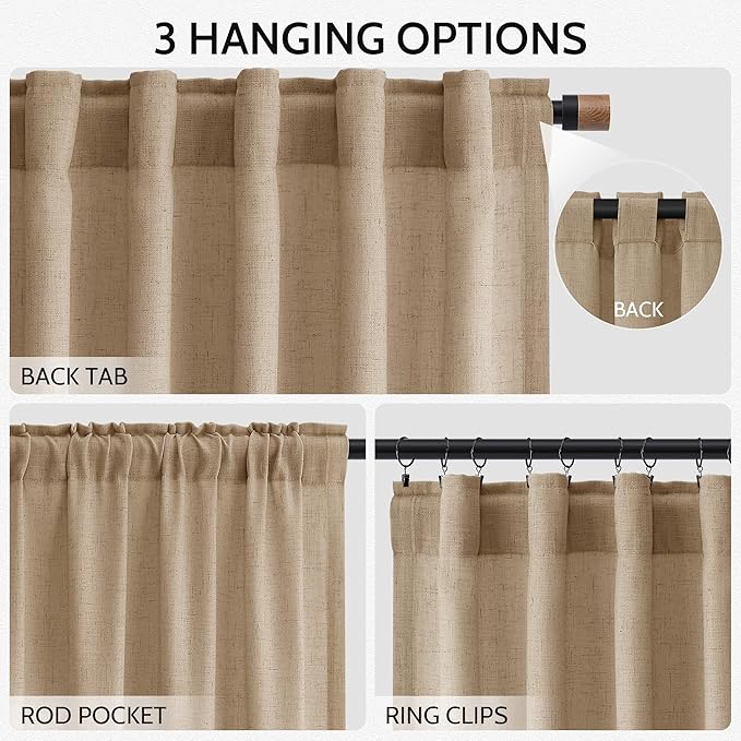 Nanspring Sand Beige Linen Curtains 84 Inch Length for Living Room Luxury Home Decor Light Filtering Semi Sheer Curtain Back Tab Simple Modern Privacy Burlap Drapes for Bedroom 52x84, 2 Panels