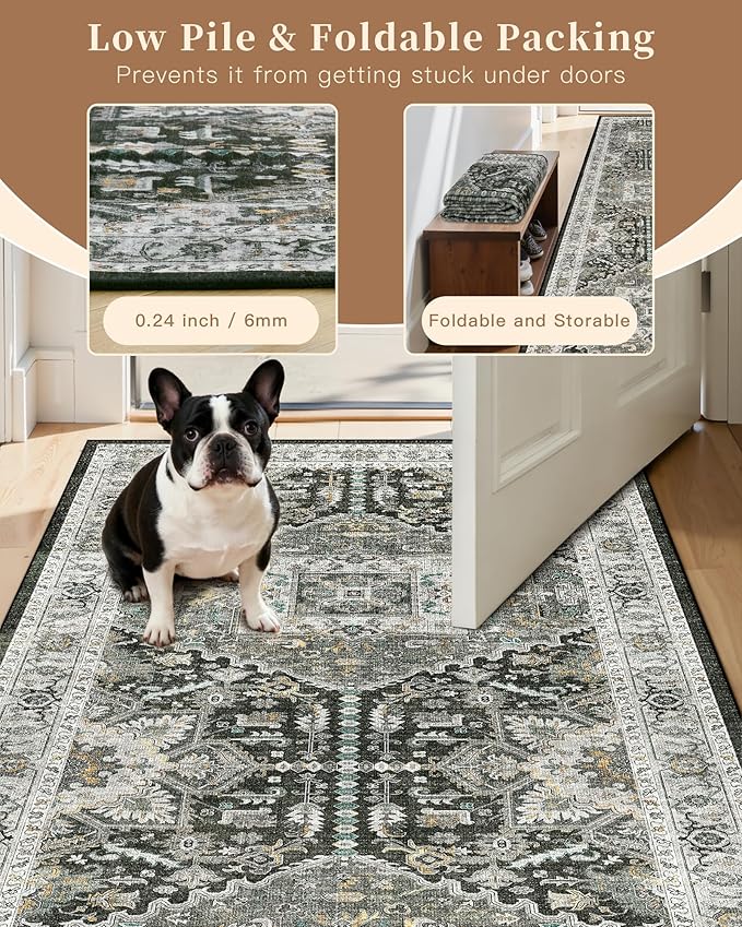 Madane Hallway Washable Runner Rug 2x10, Vintage Kitchen Rugs Soft Entryway Rug Runner Non Slip Indoor Floor Carpet for Bathroom Living Room Bedroom, Grey Green/Black Olive