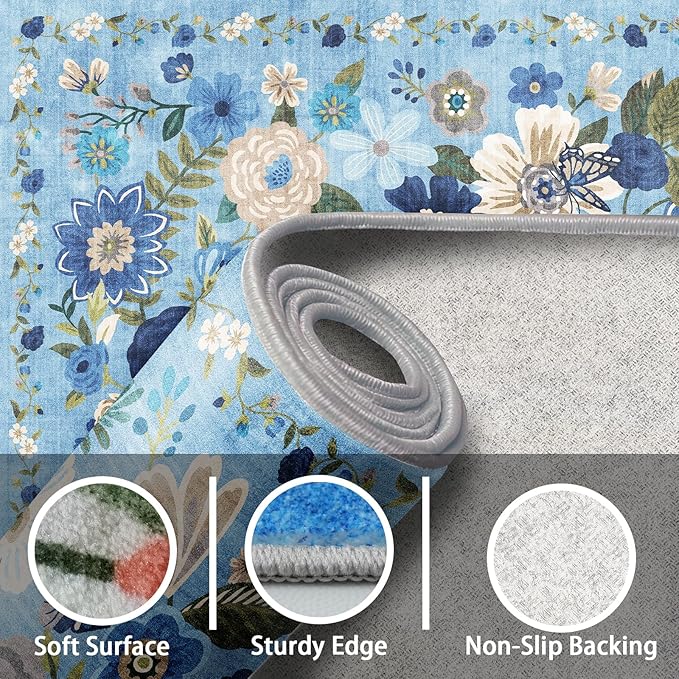 Floral Washable 6x9 Area Rugs, Soft Bedroom Rug for Living Room Ultra-Thin Non Slip Dining Room Rug, Stain Resistant Rugs Easy Clean Throw Carpet for Office(6 x 9, Blue Garden)
