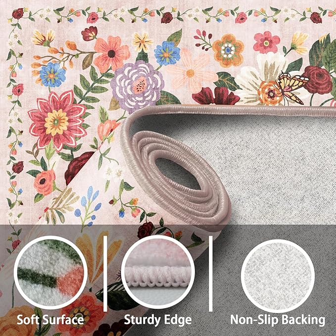 Pink/Beige Floral Rug for Entryway, 2X3 Washable Kitchen Mat Ultra-Thin Soft, Non-Slip Indoor Door Carpet Stain Resistant Boho Small Low-Pile Throw for Bathroom Bedroom (Beige/Pink Garden, 2 x 3)