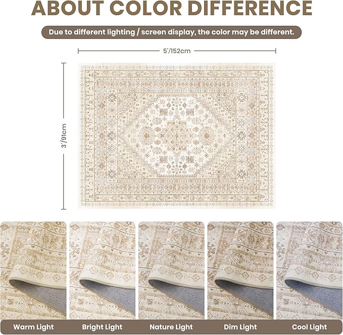 zesthome 3x5 Rug Ultra Soft Washable Rug, Non Slip Area Rug Indoor Entrance, Stain Resistant Rugs for Living Room Bedroom, Vintage Home Decor Area Rugs (Cream/Beige,3'x5')