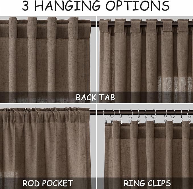 Light Brown Linen Curtains 96 Inches Long for Living Room Back Tab Vintage Rustic Farmhouse Light Filtering Curtain Burlap Textured Linen Drapes 96 Inch Length for Dinning Room Bedroom 52x96 8 FT