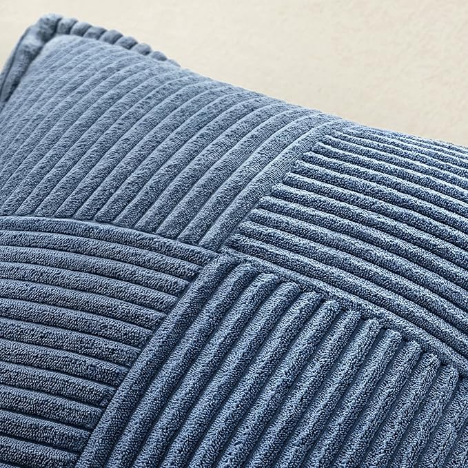 MIULEE Decorative Throw Pillow Covers for Couch Bed Livingroom 12x12 Inch Set of 2 Blue Boho Accent Throw Pllows Broadside Striped Patchwork Soft Corduroy Pillowcases