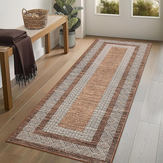 GarveeHome 2.5x8 Modern Bordered Runner Rug Soft Non Slip Washable Floor Carpet Distressed Geometric Hallway Indoor Printed Rug for Kitchen Entrance, Dark Brown