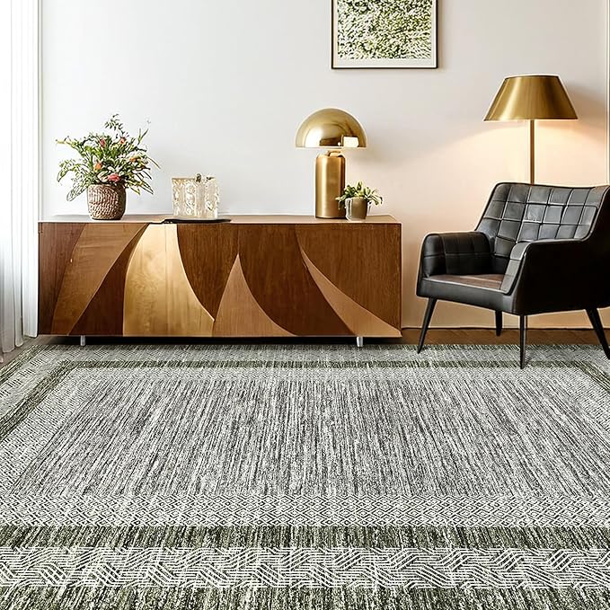 GarveeHome 10x13 Large Washable Geometric Area Rug Non Slip Non Shedding Floor Carpet, Modern Bordered Distressed Green Indoor Printed Rug for Living Room, Bedroom, Office