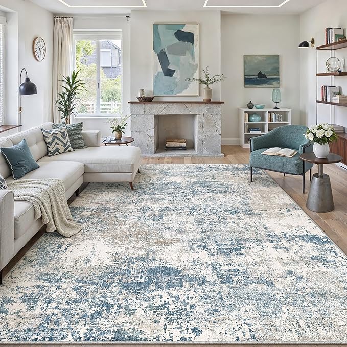 PureCozy Blue 6x9 Area Rug Washable Modern Abstract Living Room Carpet Non Slip Neutral Low Pile Soft Contemporary Aesthetic Bedroom Large Rug Indoor Office Dining Room Playroom
