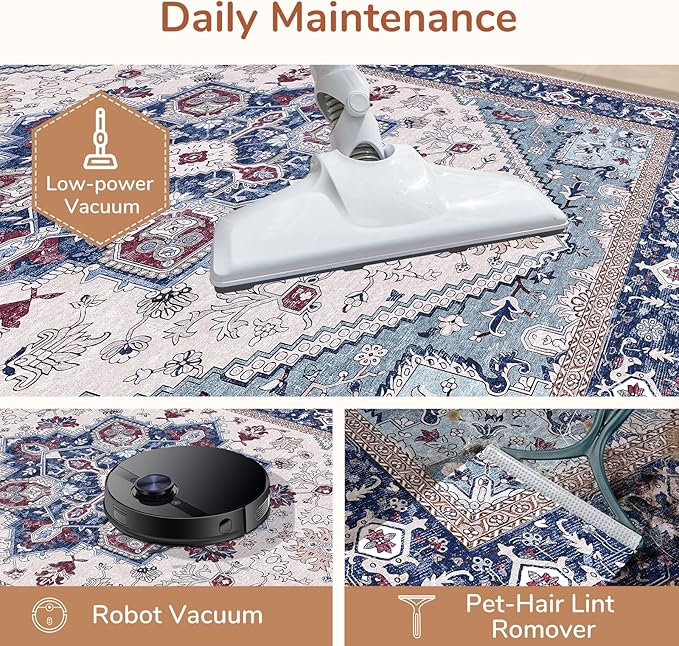 OPPODREAM Soft Entryway Rug 2x12, 2x12 Rug Runner, Washable Hallways Carpet 2 x 12 with Non Slip Backing, Low-Pile Bedside Carpet 2 x 12, Long, Faux Cashmere, Navy Blue & Red & Cream