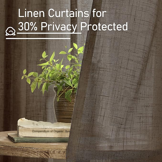 LAMIT Dark Brown Sheer Linen Curtains, 80 inch Light Filtering Semi Sheer Panels Back Tab and Rod Pocket Farmhouse Rust Drapes for Bedroom/Living Room, 2 Panels, 52 x 80 Inch