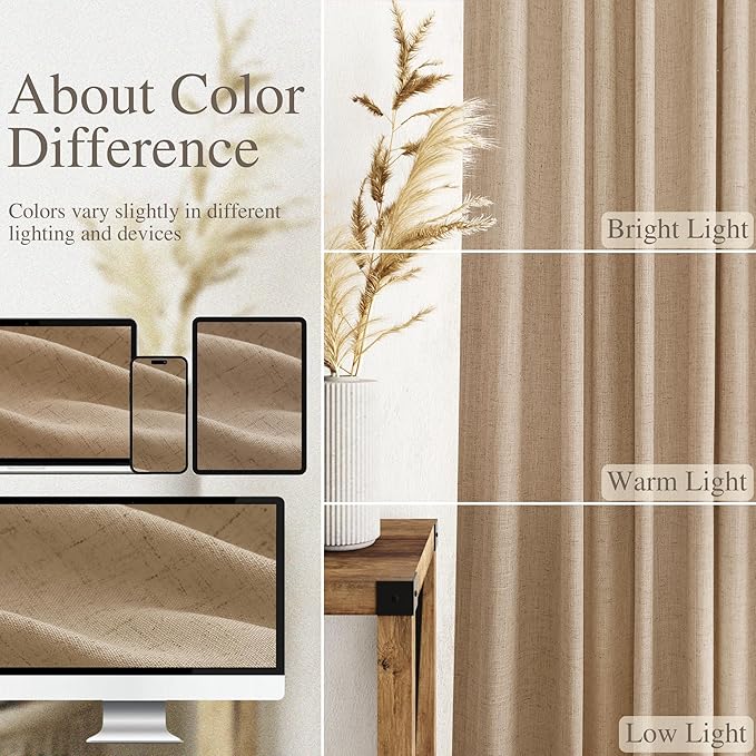 Nanspring Sand Beige Curtains 63 Inch Length for Living Room Flax Linen Semi Sheer Simple Semi Sheer Modern Curtains Back Tab Privacy Light Filtering Curtain for Bedroom Office 52x63, 2 Panels