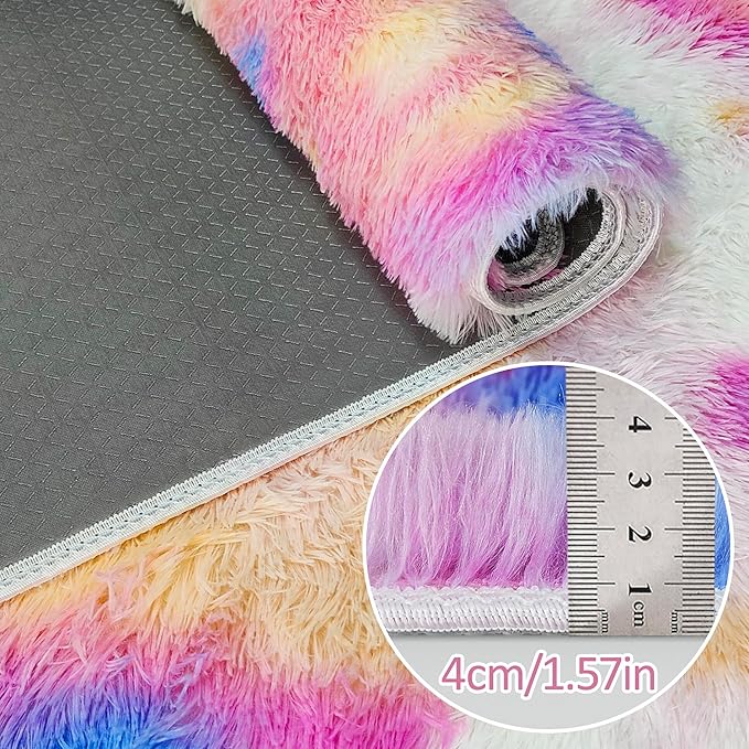 Small Fluffy Colorful Rug for Bedroom Girls 3x5 Kawaii Rainbow Tie Dye Area Rug Fuzzy Unicorn Throw Rug for Living Room Kids Nursery Baby Princess Room Living Room Home Decor Aesthetic Carpets