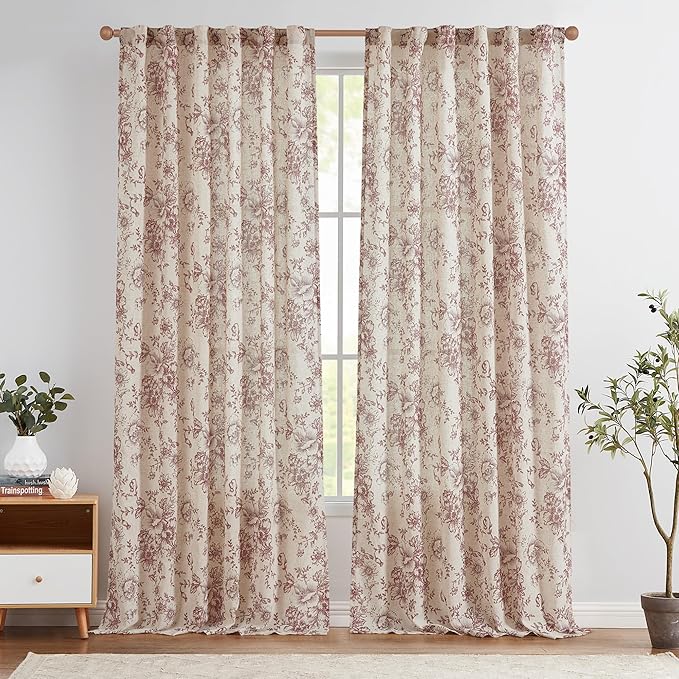 jinchan Linen Blend Curtain Floral Curtains for Living Room 108 Inch Length Farmhouse Brick Red Printed Curtain Rod Pocket Back Tab Peony Flower Patterned Drapes Curtains Set 2 Panels