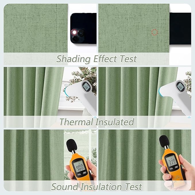 Guken 100% Blackout Linen Curtains 84 Inch Length 2 Panels Set for Living Room Bedroom Back Tab Thermal Insulated Black Out Linen Drapes Room Darkening Window Curtains 84 Inches Long,Light Sage