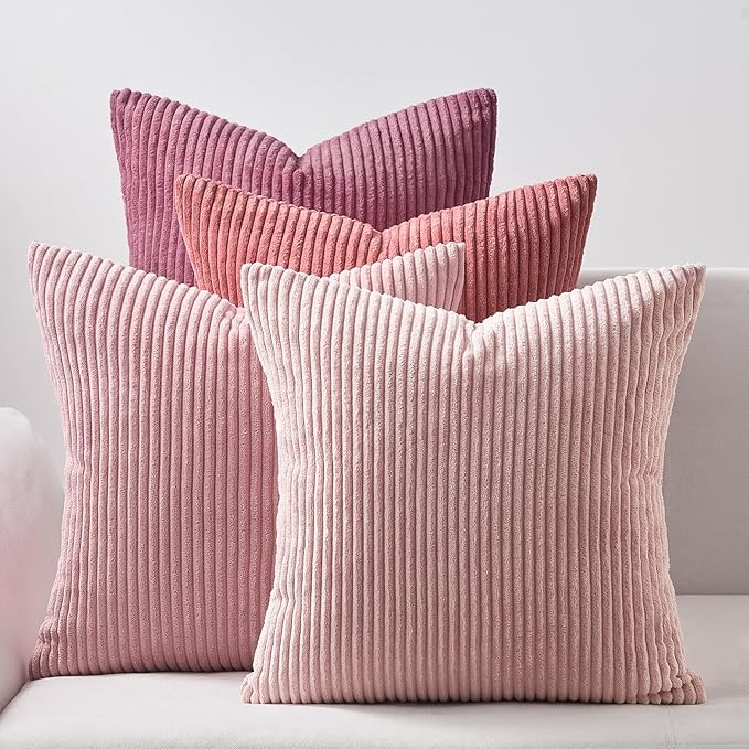 Topfinel Pink Throw Pillow Covers 16x16 Inch Set of 4,Soft Farmhouse Corduroy Decorative Cushion Cover,Square Cute Pillow Case for Gril's Bedroom Couch Sofa Living Room,Spring Series Home Decor