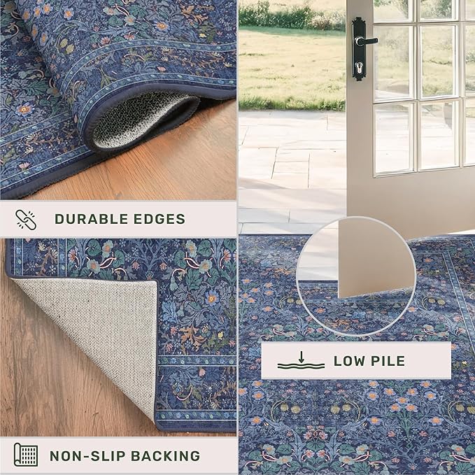 Dark Blue 3x8 Wide Hallway Runner Rugs Indoor Non Slip, 8ft Oriental Washable Rug for Kitchen, Entrance Indoor, Vintage Floral Design Low Pile & Soft Stain Resistant Carpet
