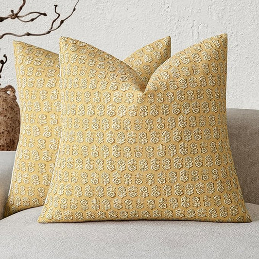 Foindtower Set of 2 Decorative Vintage Floral Print Throw Pillow Covers Neutral Modern Farmhouse Cushion Covers Boho Home Decor For Sofa Chair Couch Bedroom Living Room Outdoor,18×18 Inch,Light Yellow