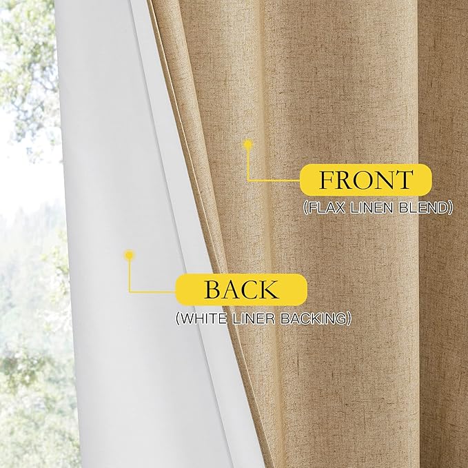 NICETOWN 100% Absolutely Blackout Linen Curtains with Thermal Insulated White Liner, Camel, W52 x L120, 2 Panels, Textured Linen Look Noise Reducing Window Treatments Drapes for Bedroom/Living Room