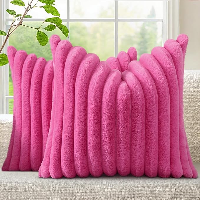 decorUhome Summer Cozy Faux Fur Throw Pillow Covers 18x18 Set of 2 Decorative Soft Plush Striped Modern Farmhouse Boho Couch Pillow Cases with Velvet Back for Sofa Bed Living Room, Hot Pink