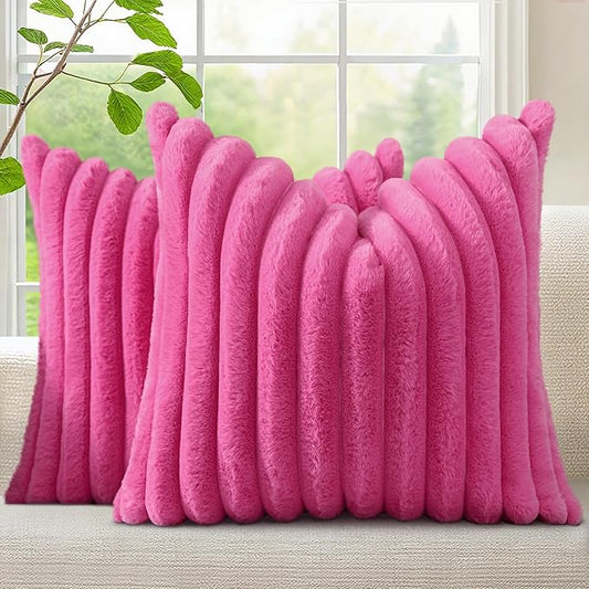 decorUhome Summer Cozy Faux Fur Throw Pillow Covers 18x18 Set of 2 Decorative Soft Plush Striped Modern Farmhouse Boho Couch Pillow Cases with Velvet Back for Sofa Bed Living Room, Hot Pink