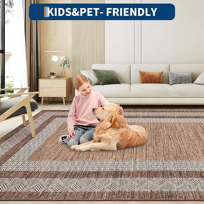 GarveeHome Small Bedroom Area Rug 3x5 Bordered Area Rug for Living Room Nursery Non Slip Kitchen Throw Carpet Low Pile Modern Rugs Washable Bathroom Mat Soft Brown Rugs for Laundry, Dark Brown