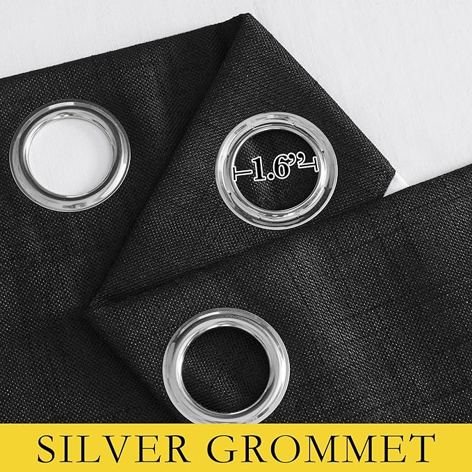 NICETOWN Black Truly Blackout Linen Blend Flax Drapes for Office, Vintage Grommet 100% Blackout Curtains with White Liner Backing for Kitchen Dorm Window（Set of 2, 52 inches Wide x 63 inches Long