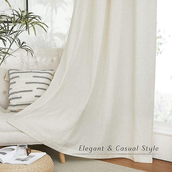 NICETOWN Natural Linen 54 inches Long Curtains for Bedroom, Thick Flax Window Treatments Semi Sheer Privacy Assured with Light Through for Nursery/Bathroom, W42 x L54, 2 Panels