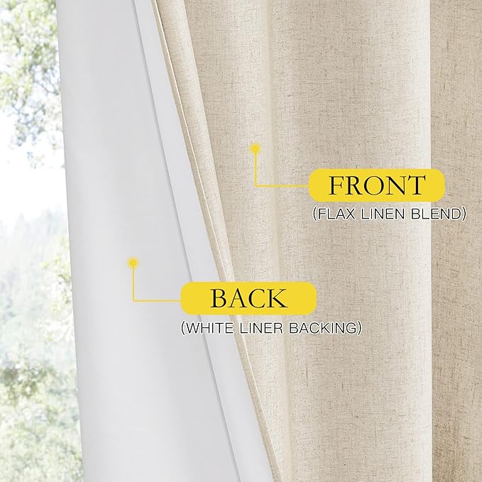 NICETOWN 100% Absolutely Blackout Linen Curtains with Thermal Insulated White Liner, Beige, 52" Wide by 63" Long, 2 Pieces, Anti-Rust Grommet Natural Burlap Fabric Window Drapes for Bedroom/Kids Room