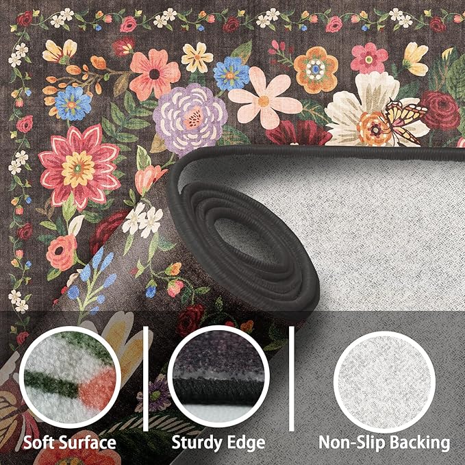 2x5 Entryway Runner Rugs, Non Slip Washable Rugs with Rubber Backing Soft Floral Carpet Runner for Kitchen, Laundry, Bedroom, Bathroom(2 x 5, Black/Brown)