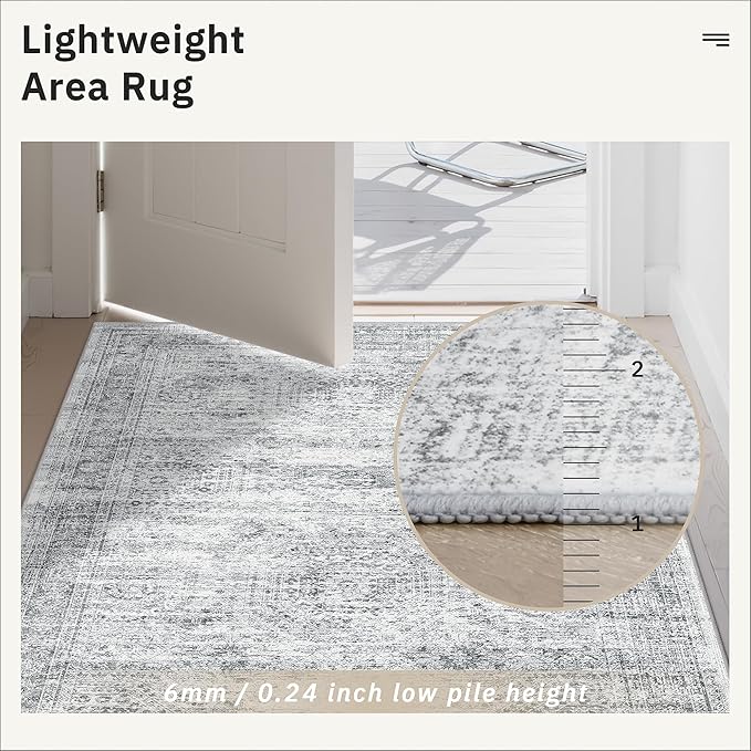 3x4 Rug, Small Area Rug for Kitchen, Entryway, Machine Washable Non-Slip Throw Rug, Vintage Carpet for Nursery Coffee Table Grey