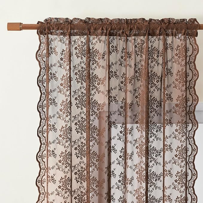 YJ YANJUN Vintage Lace Curtains 72 Inches Long- Country Brown Floral Curtains for Home Office Living Room 2 Panels, Earthy Embroidered Texture, Privacy Rustic Cottage Core Neutral Decor W52 X L72