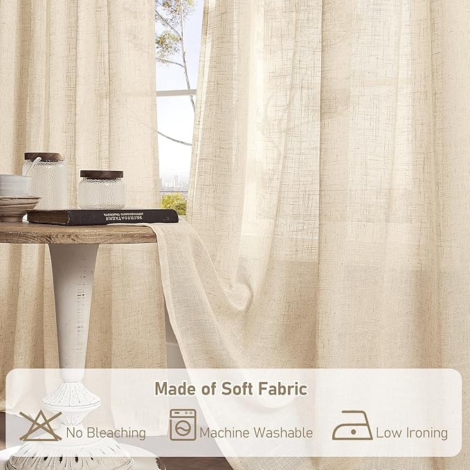 LAMIT Light Filtering Linen Curtains 72 Inches Long for Bedroom, Linen Textured Semi Sheer Back Tab and Rod Pocket Boho Drapes for Window/Living Room, Linen, 2 Panels, 34 x 72 Inch