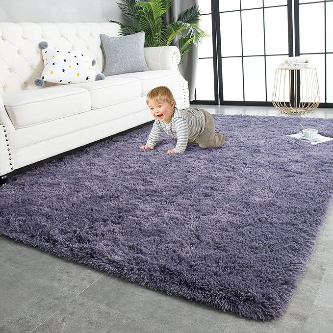 TWINNIS Super Soft Shaggy Rugs Fluffy Carpets 9x12 Feet, Indoor Modern Plush Area Rugs for Living Room Bedroom Kids Room Nursery Home Decor, Upgrade Anti-Skid Fuzzy Rug, Grey Purple