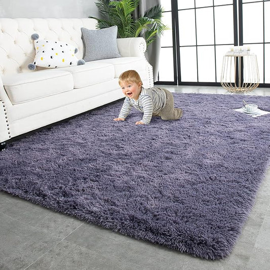 TWINNIS Super Soft Shaggy Rugs Fluffy Carpets 9x12 Feet, Indoor Modern Plush Area Rugs for Living Room Bedroom Kids Room Nursery Home Decor, Upgrade Anti-Skid Fuzzy Rug, Grey Purple