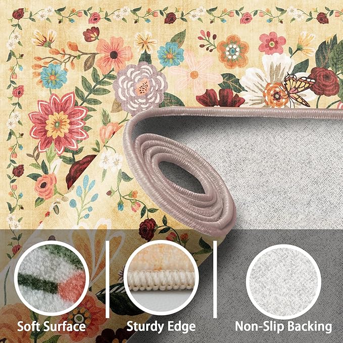 Floral Hallway Runner Carpet Non-Slip, 2x10 Washable Rug Ultra-Thin Soft for Hallways, Kitchen Mat Stain Resistant for Entryway Bathroom (2 x 10, Yellow Garden)