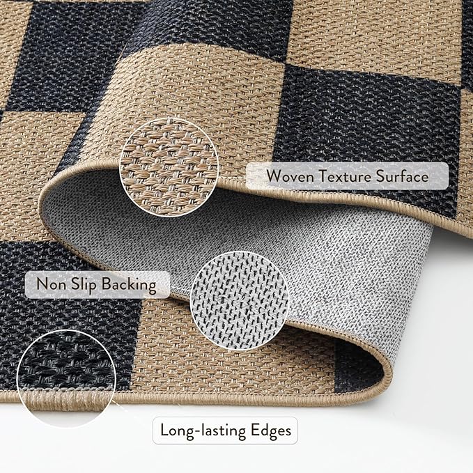 Lahome Colette Checkered Easy Jute 8x10 Rug, Washable Rugs for Living Room Office, Farmhouse Neutral Non Slip Non Shedding Stain Resistance Indoor Outdoor Carpet for Balcony Patio Classroom