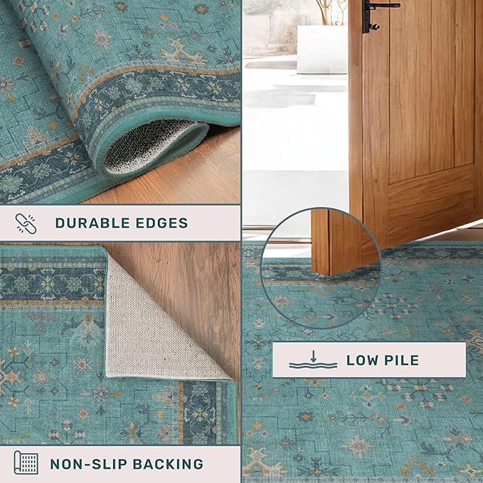 Boho 2x8 Non Slip Kitchen Runner Rugs -Machine Washable Non Skid Vintage Carpet for Hallway, Entryway, Non Slip with Rubber Backing, Floral Aqua Blue Unique Runner Décor (Teal)